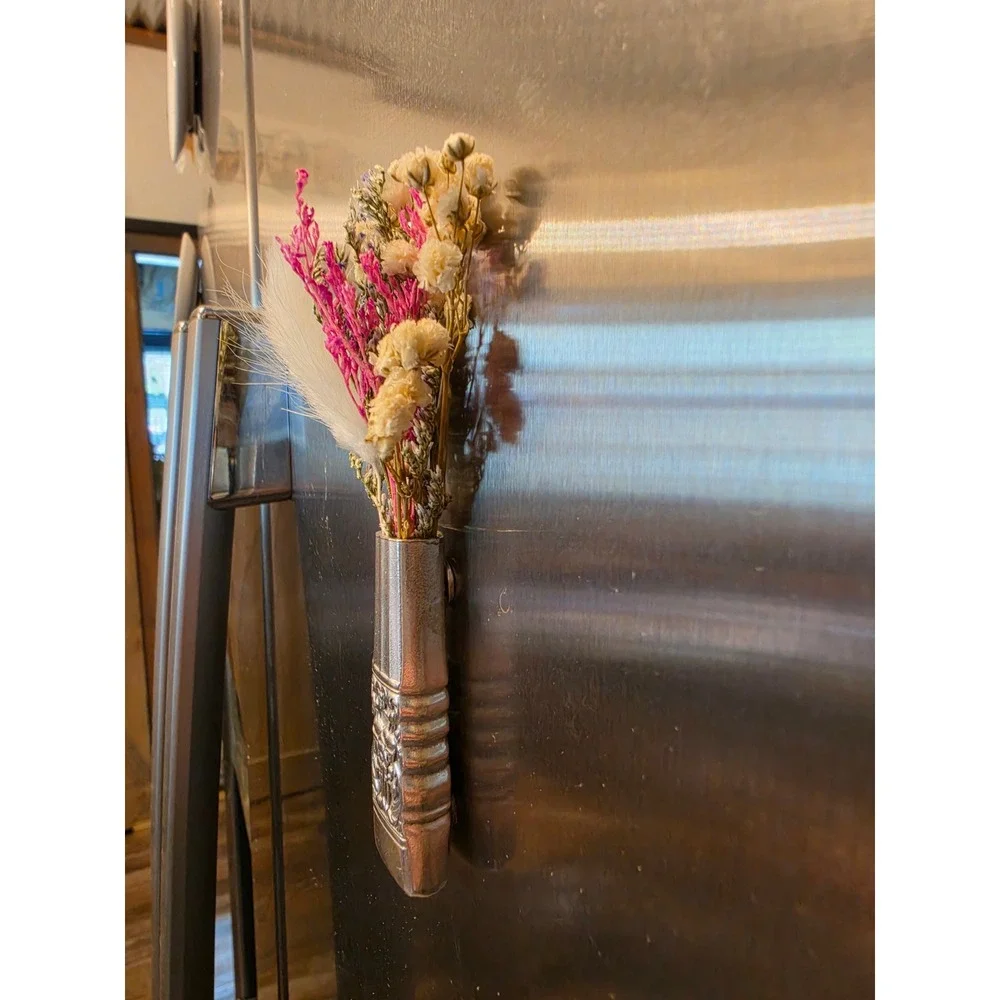 VTG Silver Plate Magnetic Bud Vase with Dried Flowers Floral Refrigerator Art